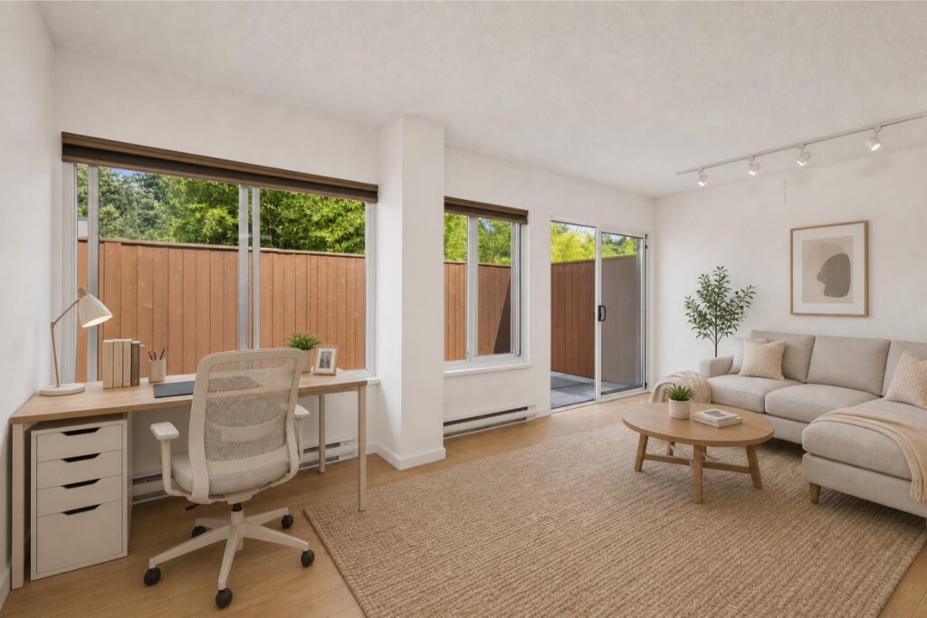 Bright open living area with home office space in Unit 12 at Laurel Park